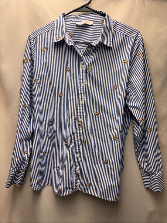 LOFT Tops - Loft 100% Cotton Button Down Shirt Blue/White stripes embroidered Puppies  Large